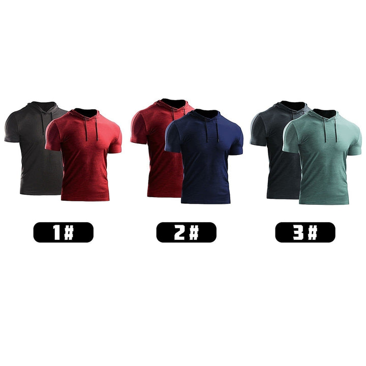 2PCS Men Summer Sports T-Shirt Solid Color Hooded Short Sleeve Quick-Dry Running Gym Sportswear Image 7