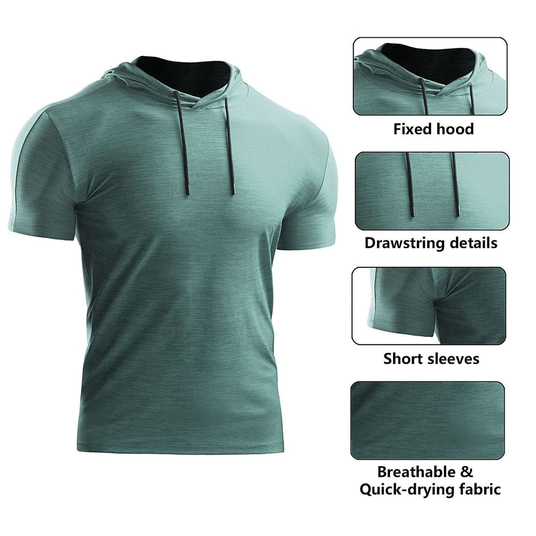 2PCS Men Summer Sports T-Shirt Solid Color Hooded Short Sleeve Quick-Dry Running Gym Sportswear Image 8