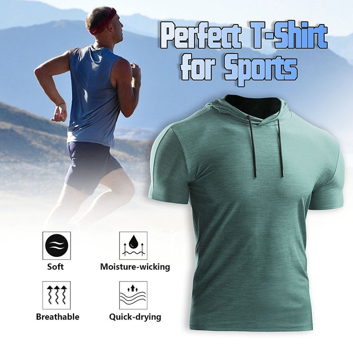 2PCS Men Summer Sports T-Shirt Solid Color Hooded Short Sleeve Quick-Dry Running Gym Sportswear Image 9