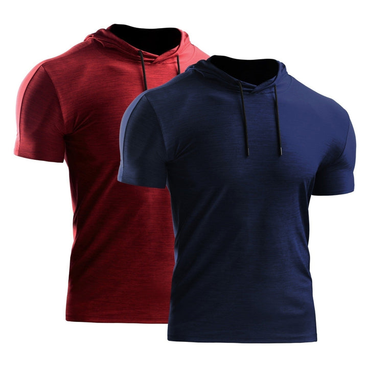 2PCS Men Summer Sports T-Shirt Solid Color Hooded Short Sleeve Quick-Dry Running Gym Sportswear Image 10