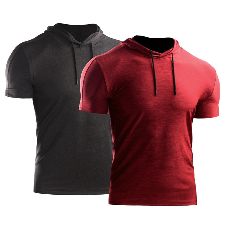 2PCS Men Summer Sports T-Shirt Solid Color Hooded Short Sleeve Quick-Dry Running Gym Sportswear Image 11