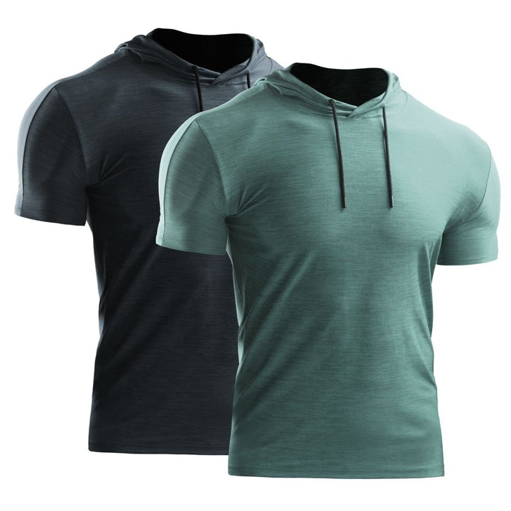 2PCS Men Summer Sports T-Shirt Solid Color Hooded Short Sleeve Quick-Dry Running Gym Sportswear Image 1