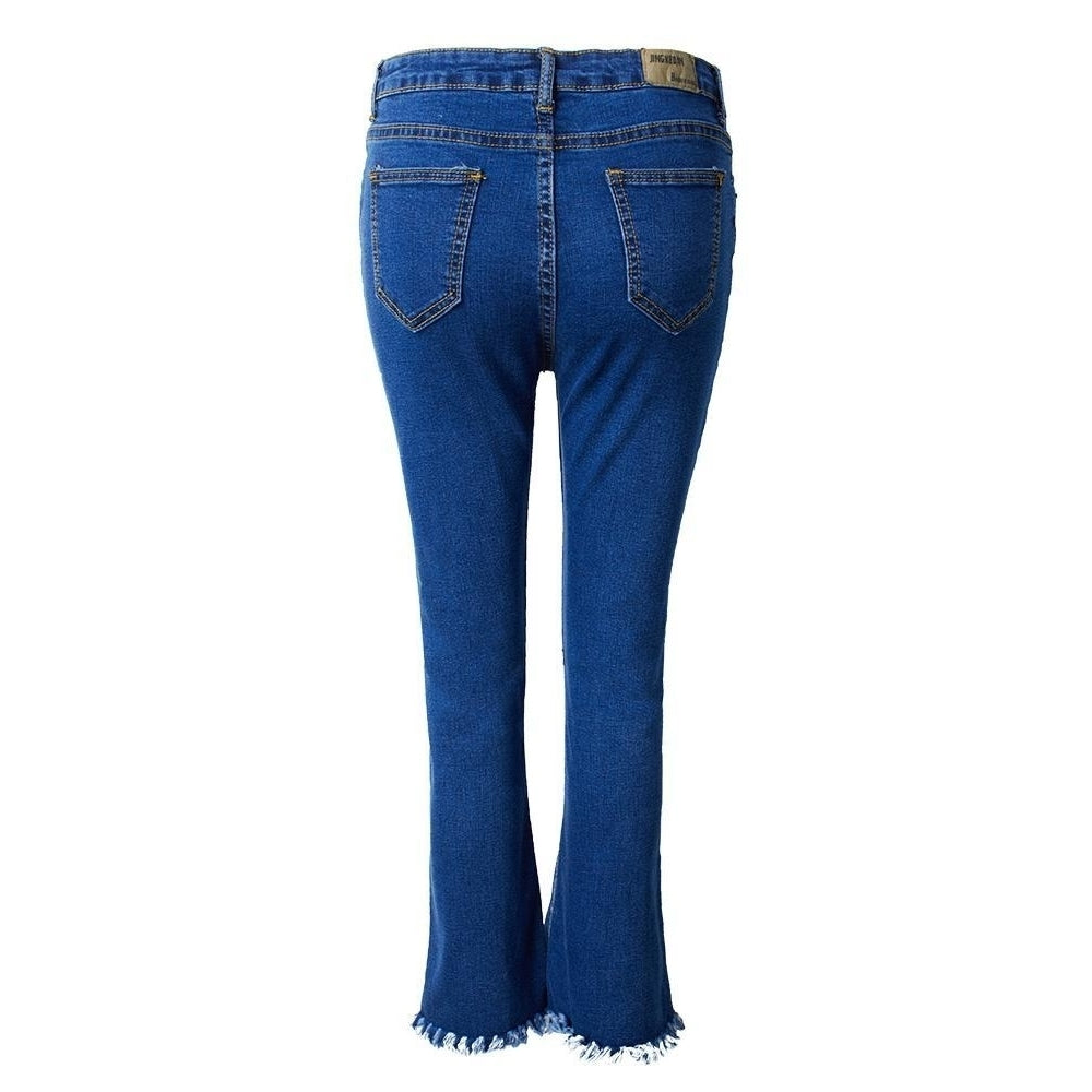 Casual Women Zipper Slim Ripped Tassel Flare Ninth Denim Jeans Image 2