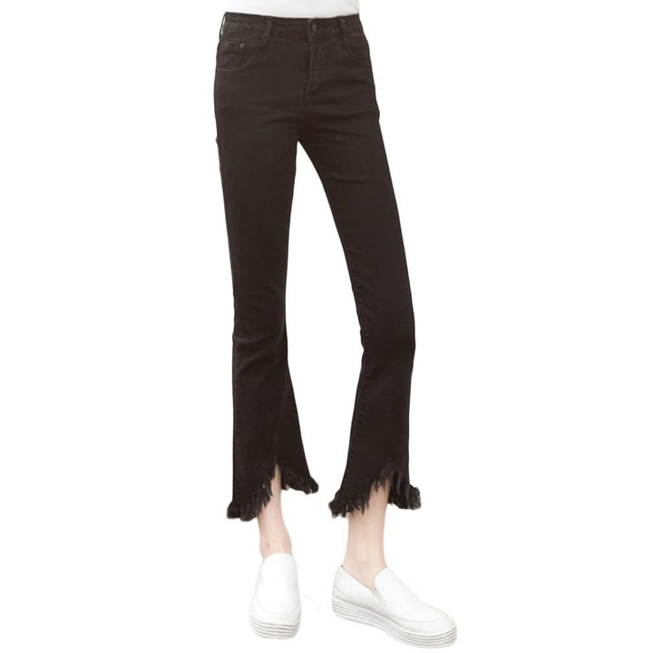 Casual Women Zipper Slim Ripped Tassel Flare Ninth Denim Jeans Image 7