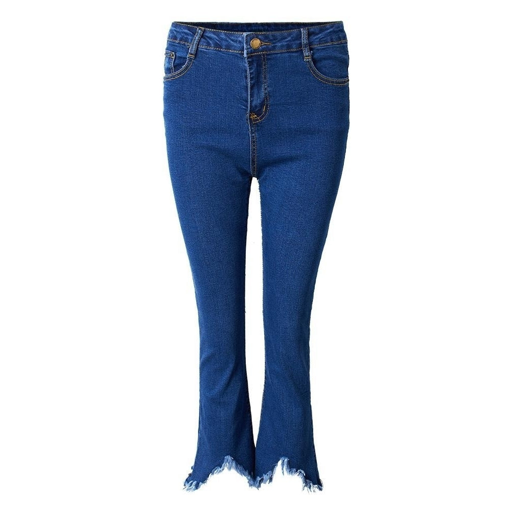 Casual Women Zipper Slim Ripped Tassel Flare Ninth Denim Jeans Image 10