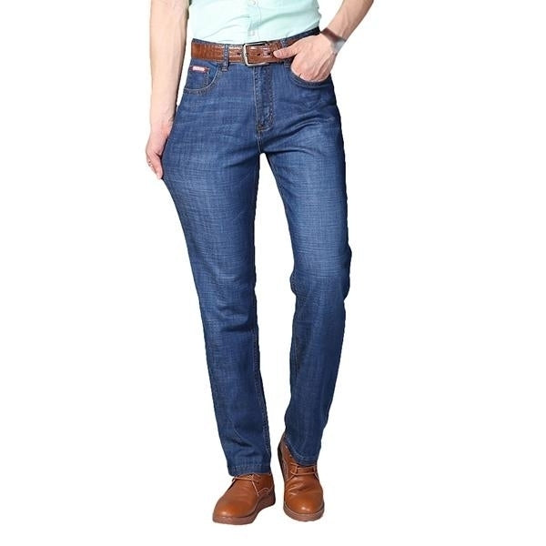 Mens Summer High Rise Loose Business Cotton Blue Jeans Image 1
