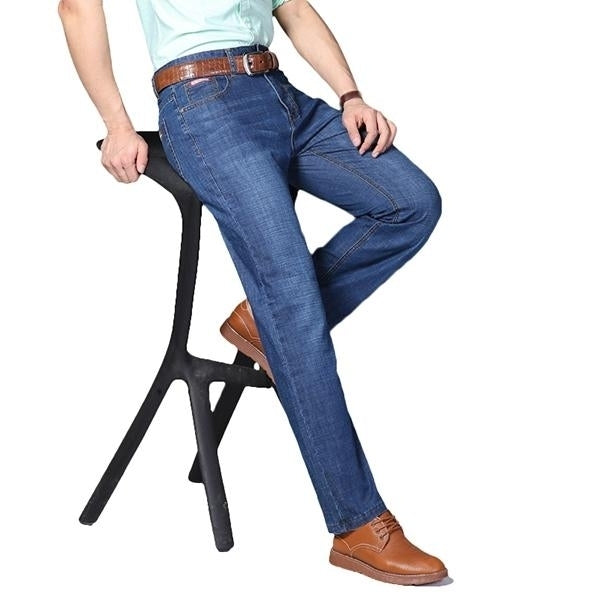 Mens Summer High Rise Loose Business Cotton Blue Jeans Image 3