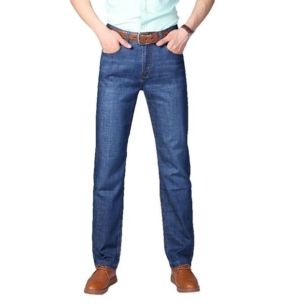 Mens Summer High Rise Loose Business Cotton Blue Jeans Image 1