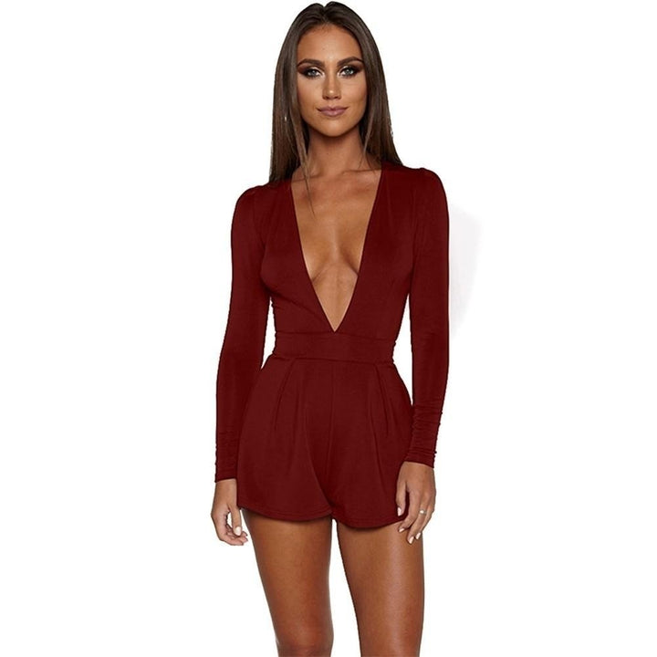 Sexy Women Jumpsuit Solid Color Plunge V Neck Long Sleeve Casual Slim Short Image 7