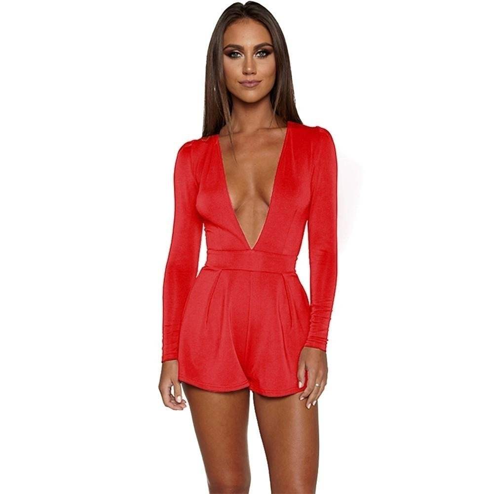 Sexy Women Jumpsuit Solid Color Plunge V Neck Long Sleeve Casual Slim Short Image 8