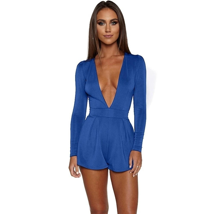 Sexy Women Jumpsuit Solid Color Plunge V Neck Long Sleeve Casual Slim Short Image 9