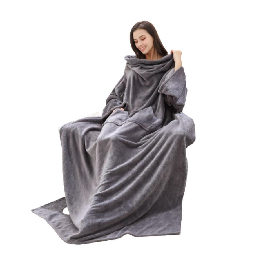 Soft Warm Long Coral Fleece Blanket Robe with Sleeves Image 1
