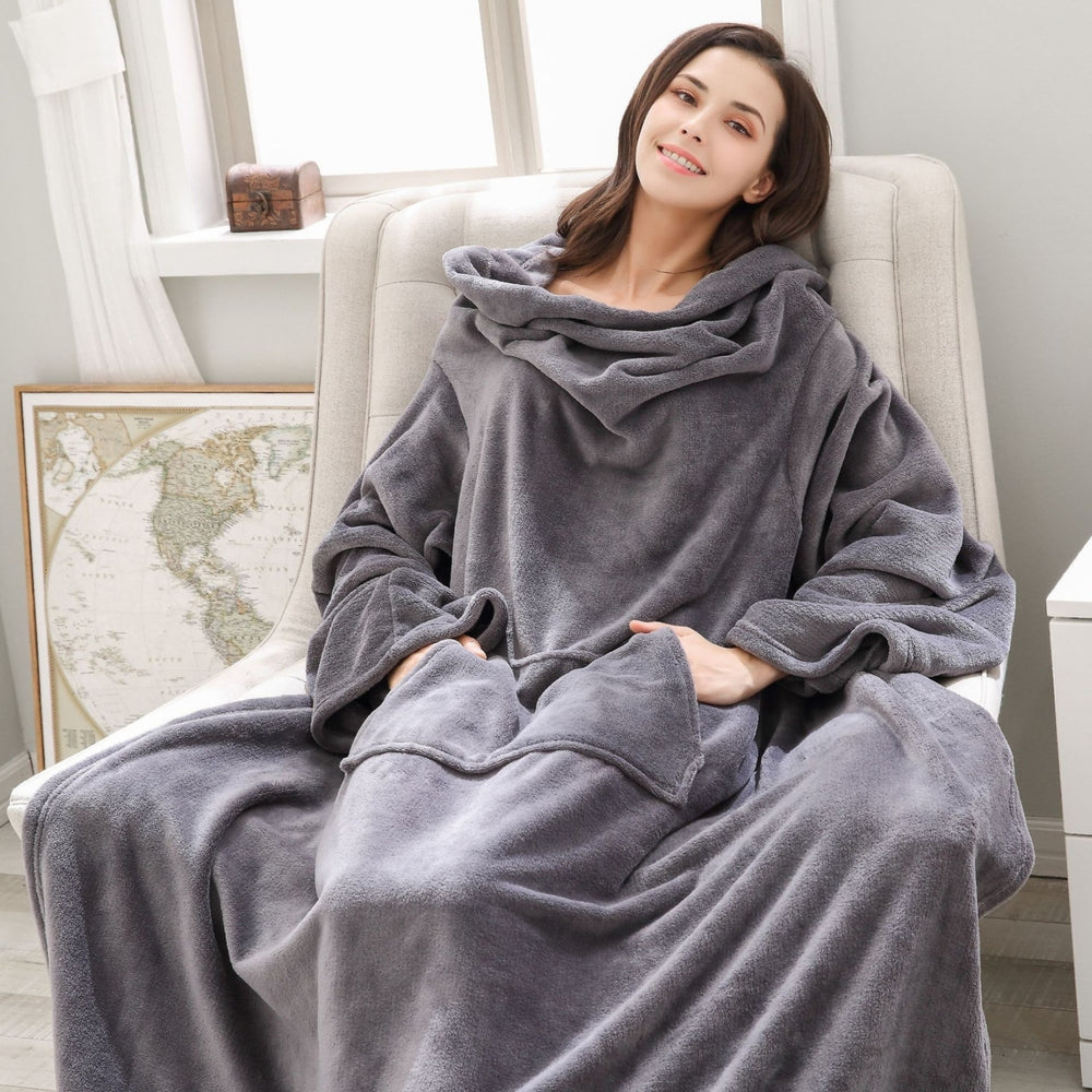 Soft Warm Long Coral Fleece Blanket Robe with Sleeves Image 2