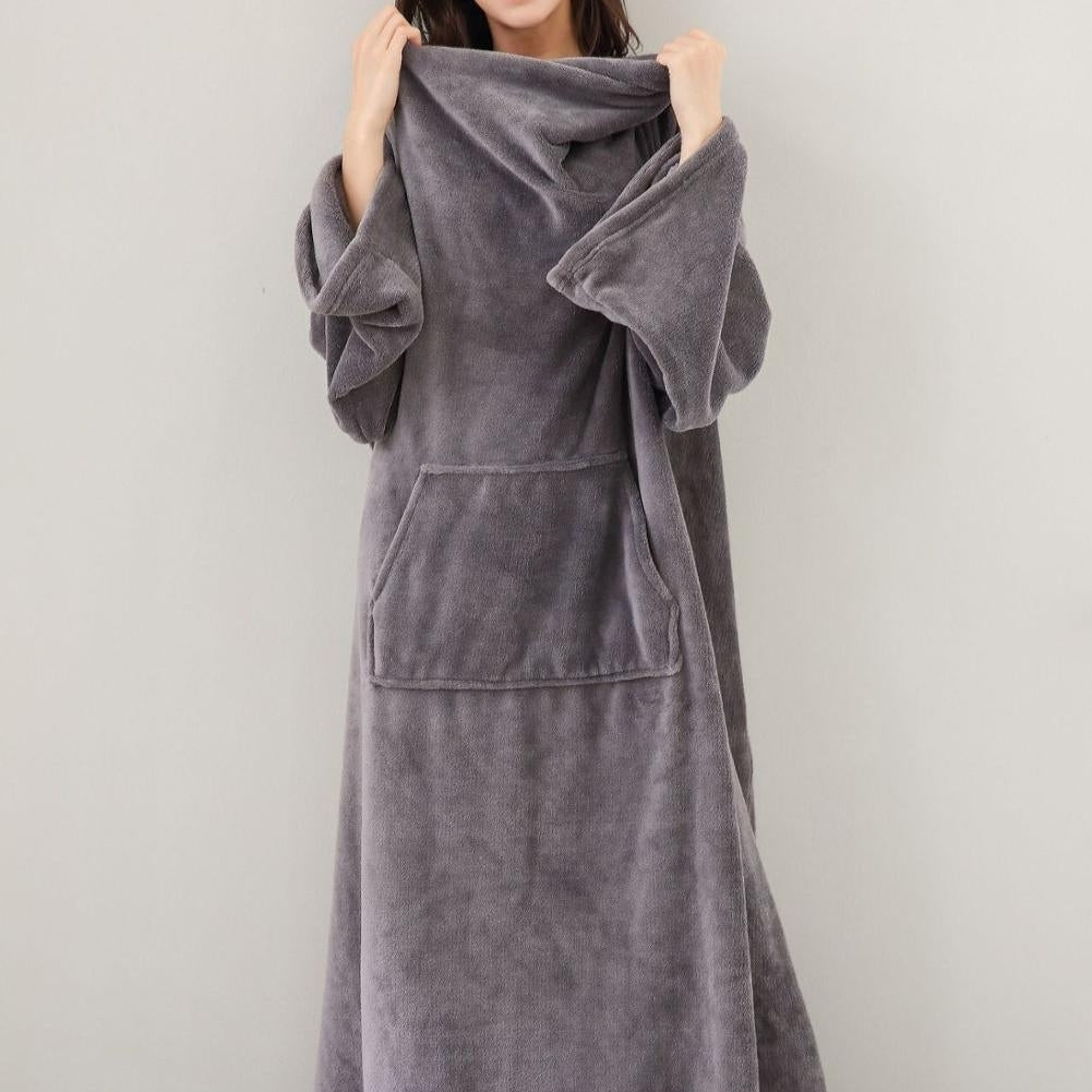 Soft Warm Long Coral Fleece Blanket Robe with Sleeves Image 4