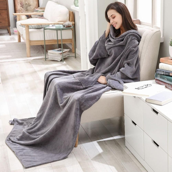Soft Warm Long Coral Fleece Blanket Robe with Sleeves Image 7