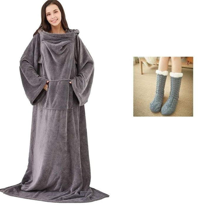 Soft Warm Long Coral Fleece Blanket Robe with Sleeves Image 8