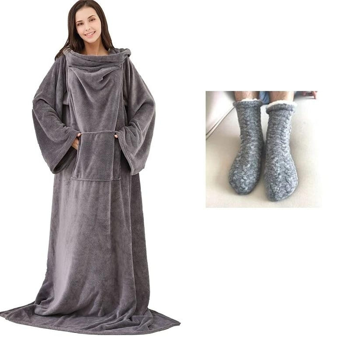 Soft Warm Long Coral Fleece Blanket Robe with Sleeves Image 9