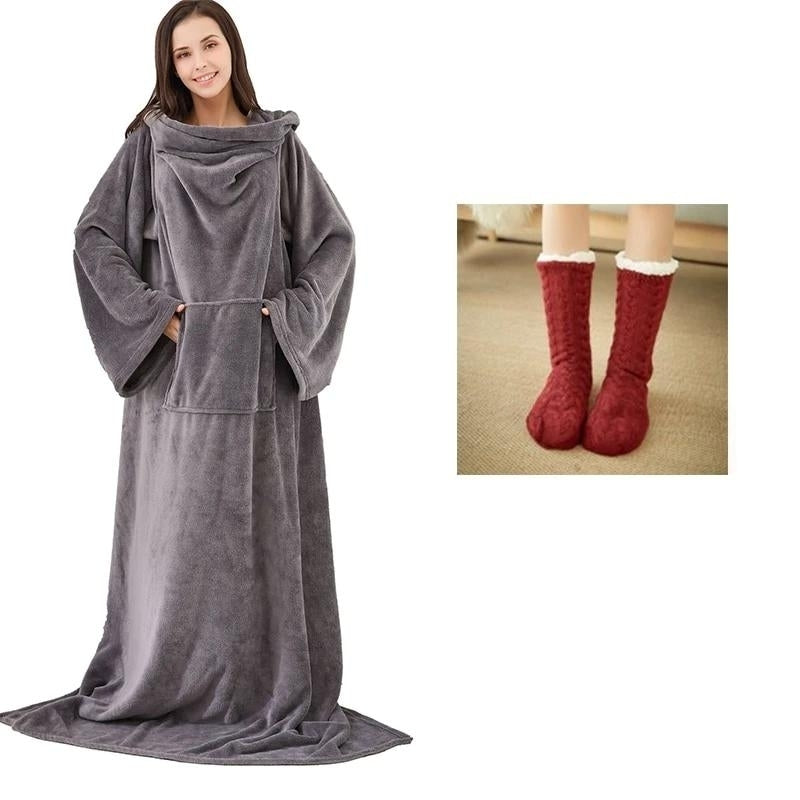 Soft Warm Long Coral Fleece Blanket Robe with Sleeves Image 10
