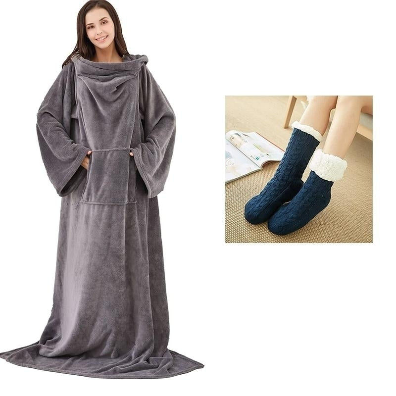 Soft Warm Long Coral Fleece Blanket Robe with Sleeves Image 11