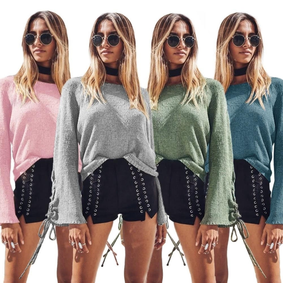 Women Bell Sleeves Knitted Pullover Sweater Lace Up Eyelets O Neck Loose Casual Knit Top Image 1