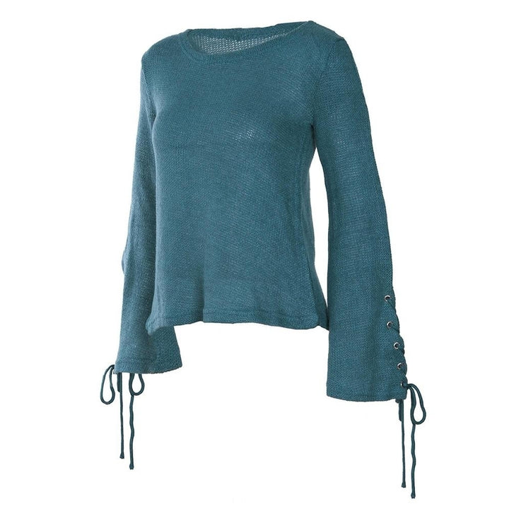 Women Bell Sleeves Knitted Pullover Sweater Lace Up Eyelets O Neck Loose Casual Knit Top Image 3