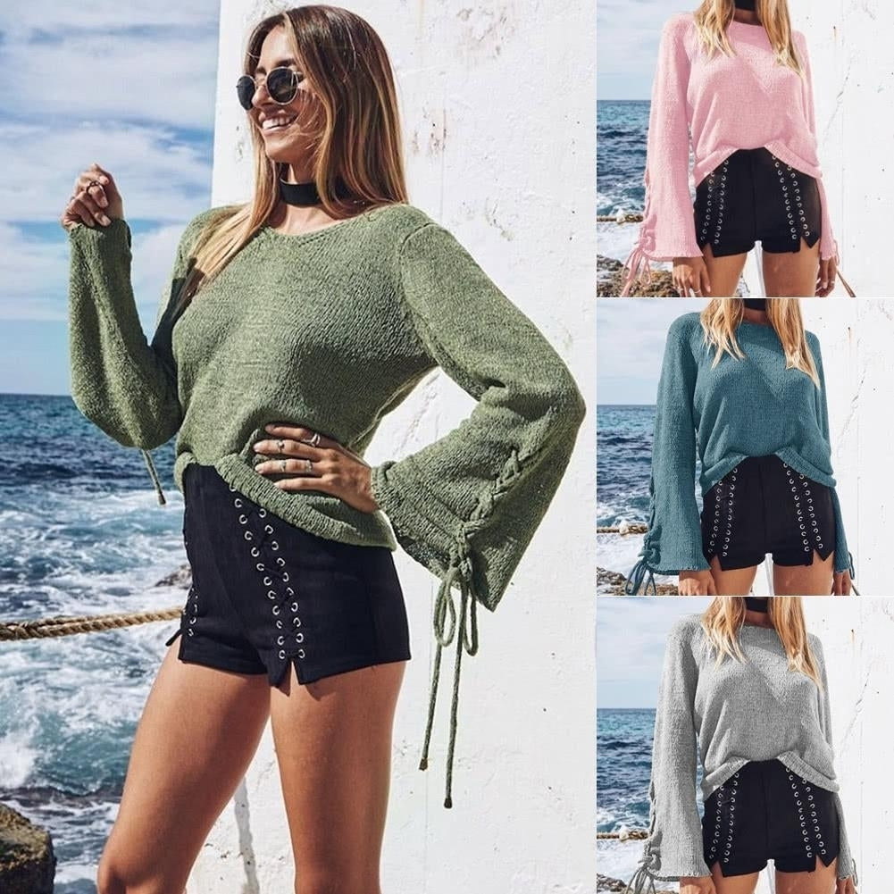 Women Bell Sleeves Knitted Pullover Sweater Lace Up Eyelets O Neck Loose Casual Knit Top Image 4
