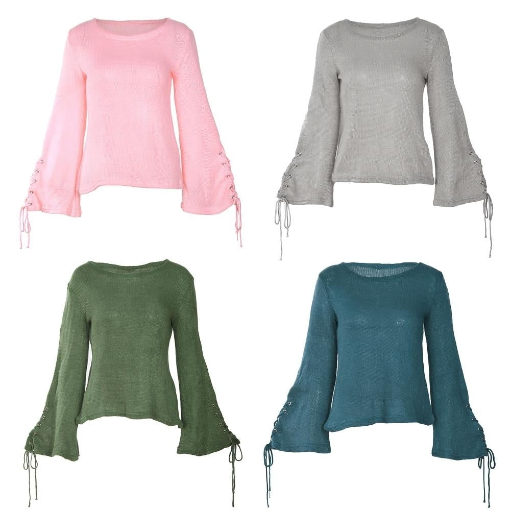 Women Bell Sleeves Knitted Pullover Sweater Lace Up Eyelets O Neck Loose Casual Knit Top Image 6