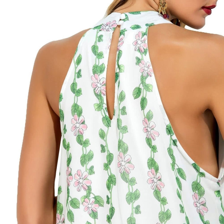 Women Chiffon Dress Choker Floral Leaves Print High Neck Sleeveless Loose Fresh A-line Mini Light Image 3