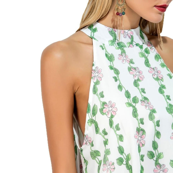 Women Chiffon Dress Choker Floral Leaves Print High Neck Sleeveless Loose Fresh A-line Mini Light Image 4
