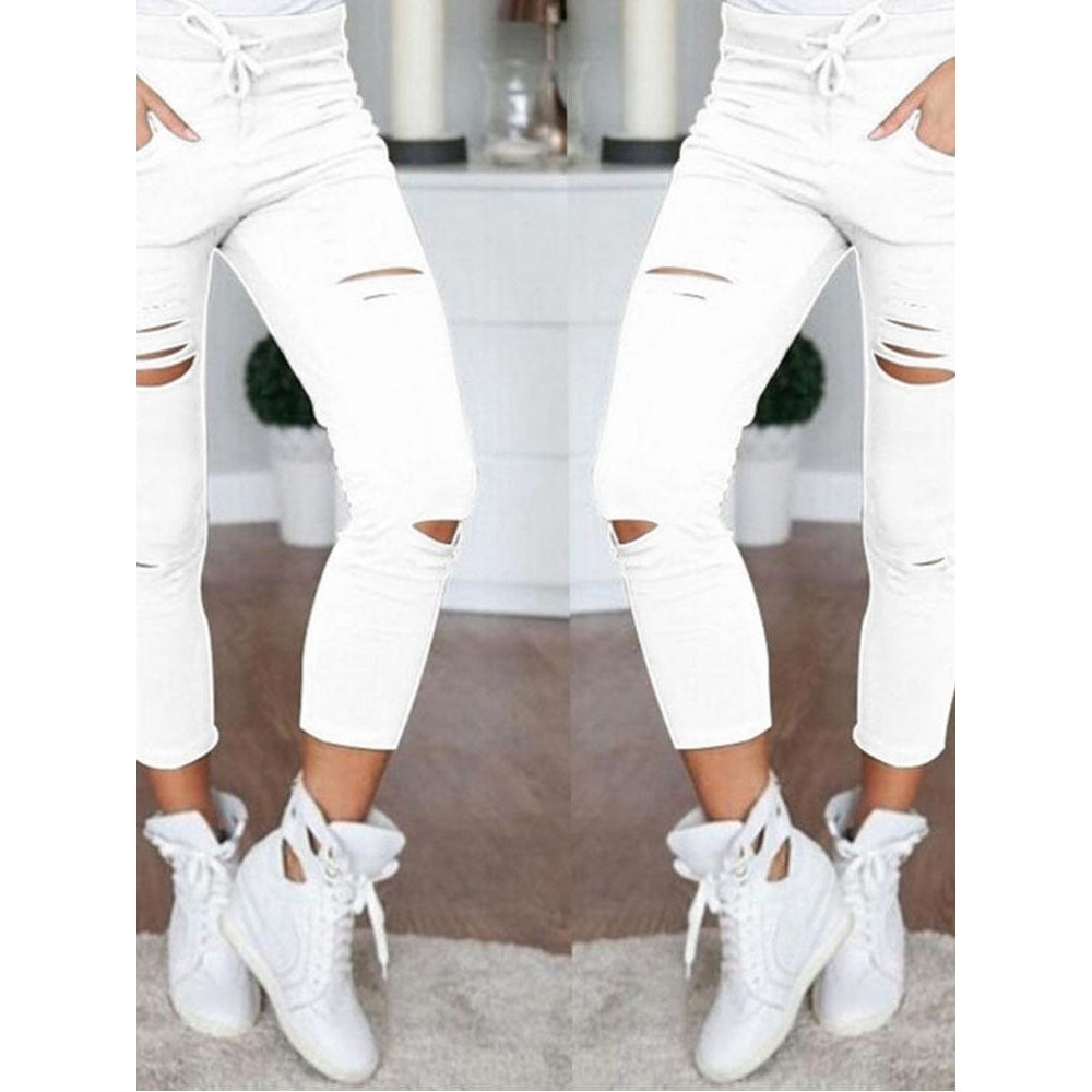 Women Causal Holes High Waist Loose Solid Skinny Jeans Image 2