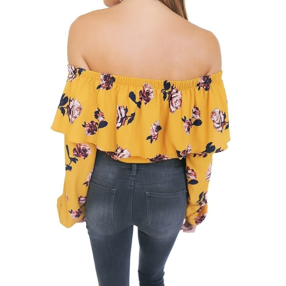 Women Floral Print Blouse Crop Top Off Shoulder Ruffles Lantern Long Sleeve Loose Yellow Image 4