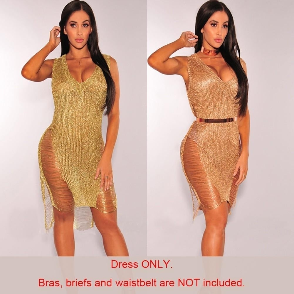 Women Hollow Out Knitted Dress Sleeveless Deep V Neck Sheer Club Party Dress Image 9