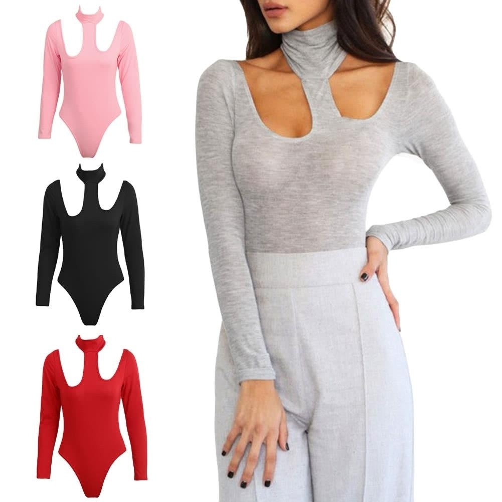Women Jumpsuit Halterneck Long Sleeve Cutout Solid Night Club Party Image 12