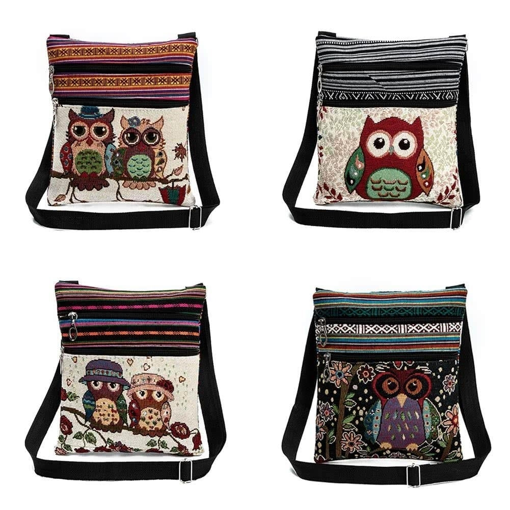 Women Mini Crossbody Bag Owl Embroidery Jacquard Zipper Adjustable Strap Image 1