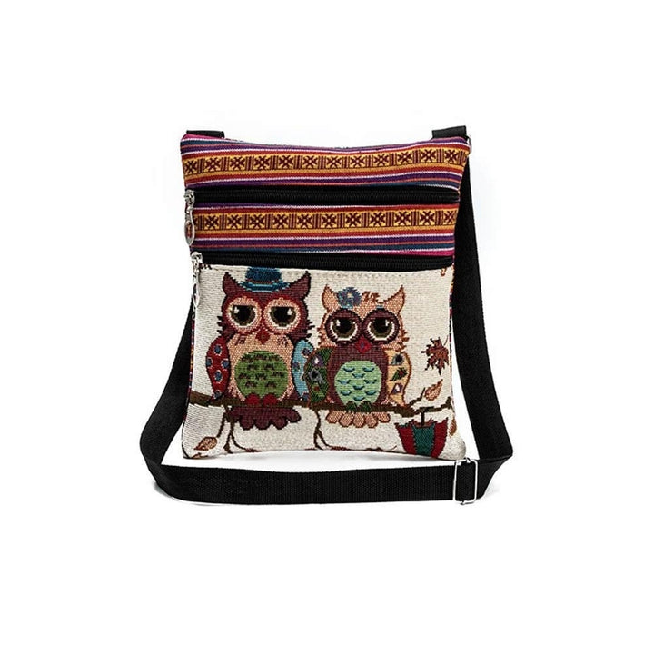 Women Mini Crossbody Bag Owl Embroidery Jacquard Zipper Adjustable Strap Image 2