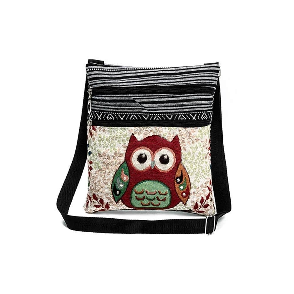 Women Mini Crossbody Bag Owl Embroidery Jacquard Zipper Adjustable Strap Image 3