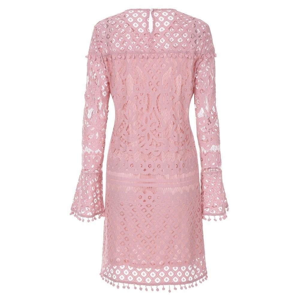 Women Mini Sheer Lace Dress Pom Trims O Neck Long Sleeve Lined Party Image 1