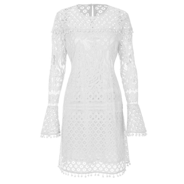 Women Mini Sheer Lace Dress Pom Trims O Neck Long Sleeve Lined Party Image 1