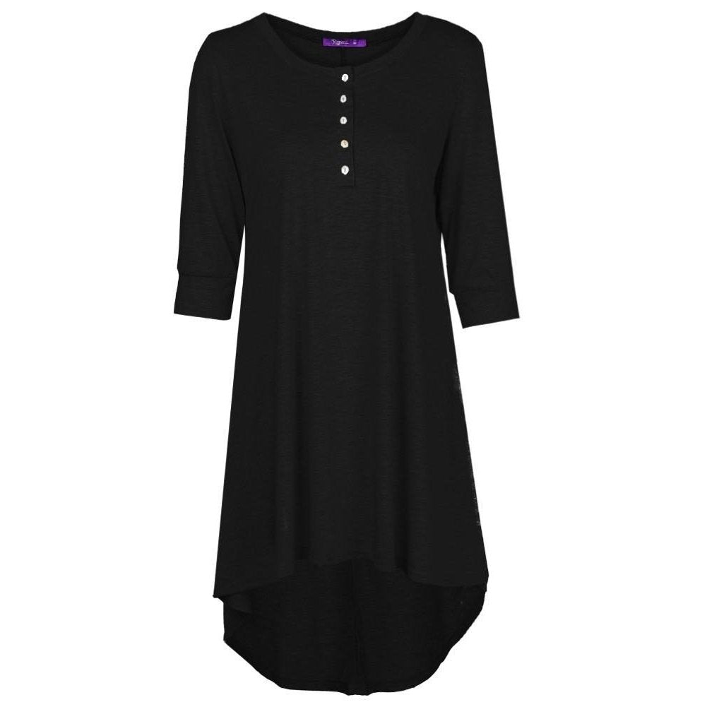 Women Long Tunic Top Basic T-Shirt Button Front O Neck Sleeve Irregular Hem Mini Dress Image 3