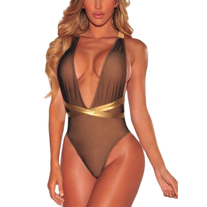 Women One Piece Swimsuit Plunge V Contrast Straps Bandage Open Back Sexy Monokini Image 1