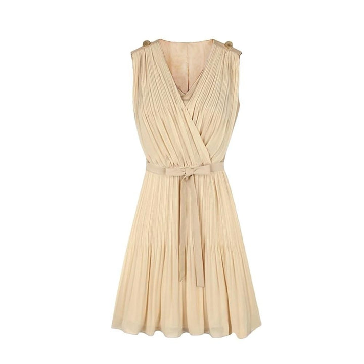 Women Pleated Chiffon Dress V-Neck Sleeveless Elegant Mini Image 2