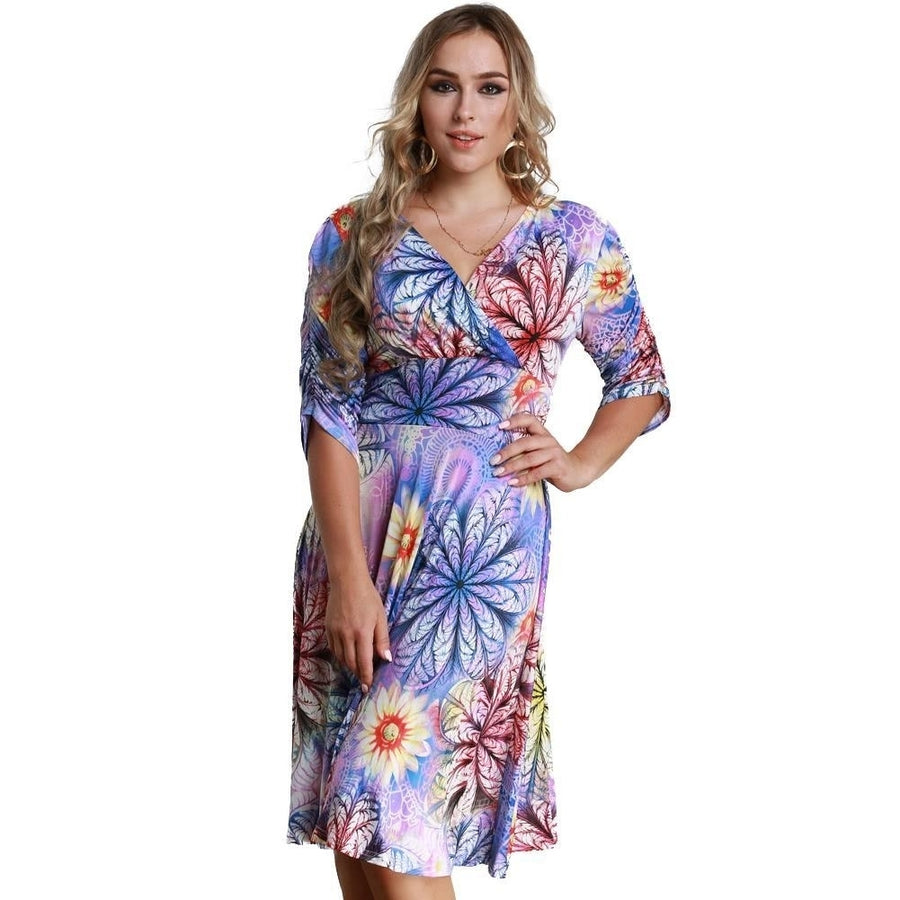 Women Plus Size Dress Colorful Floral Print V Neck Half Sleeve Midi Slim Elegant Image 1