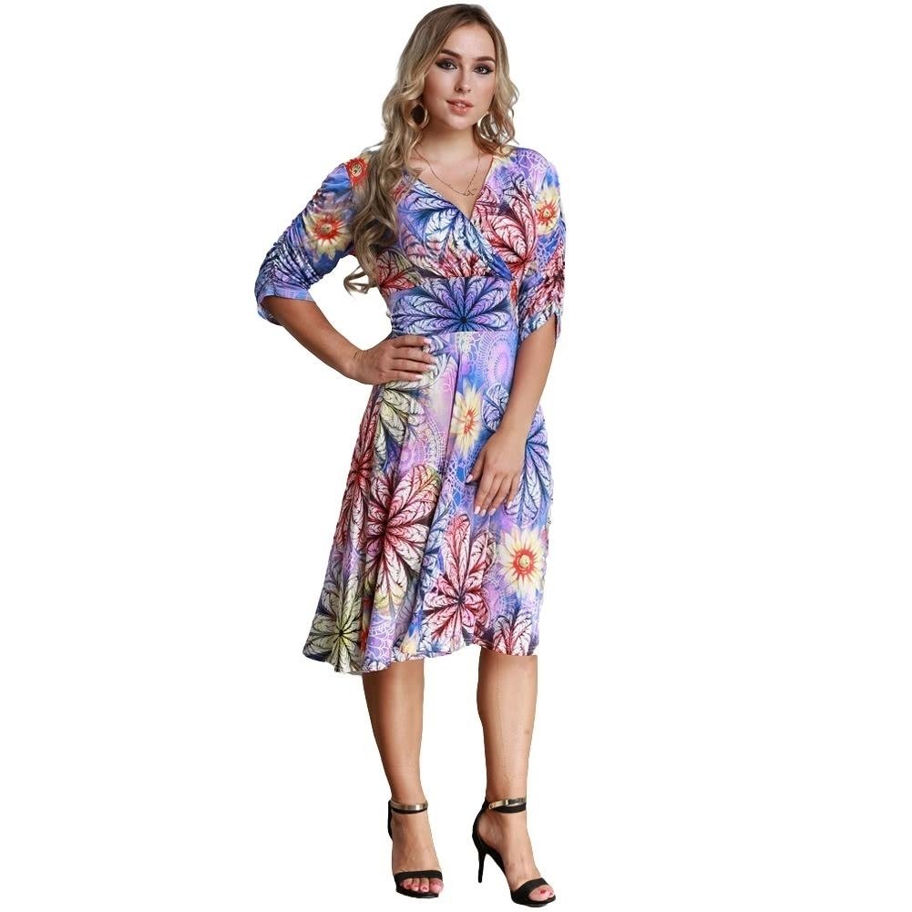 Women Plus Size Dress Colorful Floral Print V Neck Half Sleeve Midi Slim Elegant Image 3
