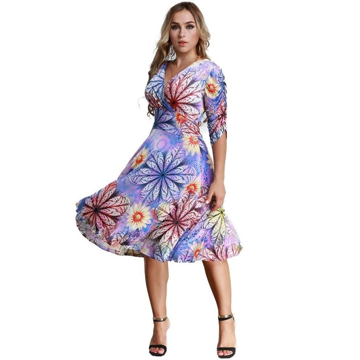 Women Plus Size Dress Colorful Floral Print V Neck Half Sleeve Midi Slim Elegant Image 4