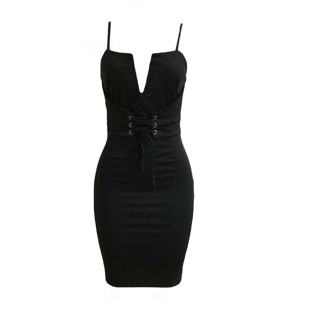 Women Pencil Dress Solid Plunging V Neck Sleeveless Bandage Lace Up Midi Image 8