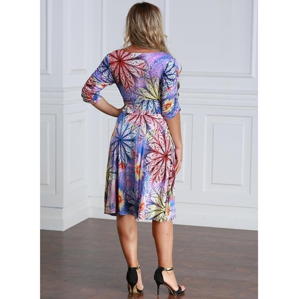 Women Plus Size Dress Colorful Floral Print V Neck Half Sleeve Midi Slim Elegant Image 7