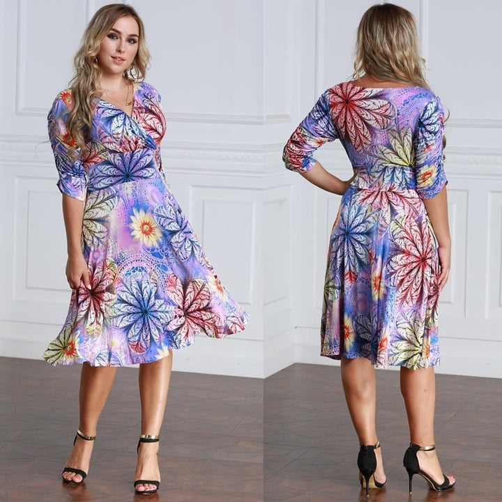Women Plus Size Dress Colorful Floral Print V Neck Half Sleeve Midi Slim Elegant Image 8