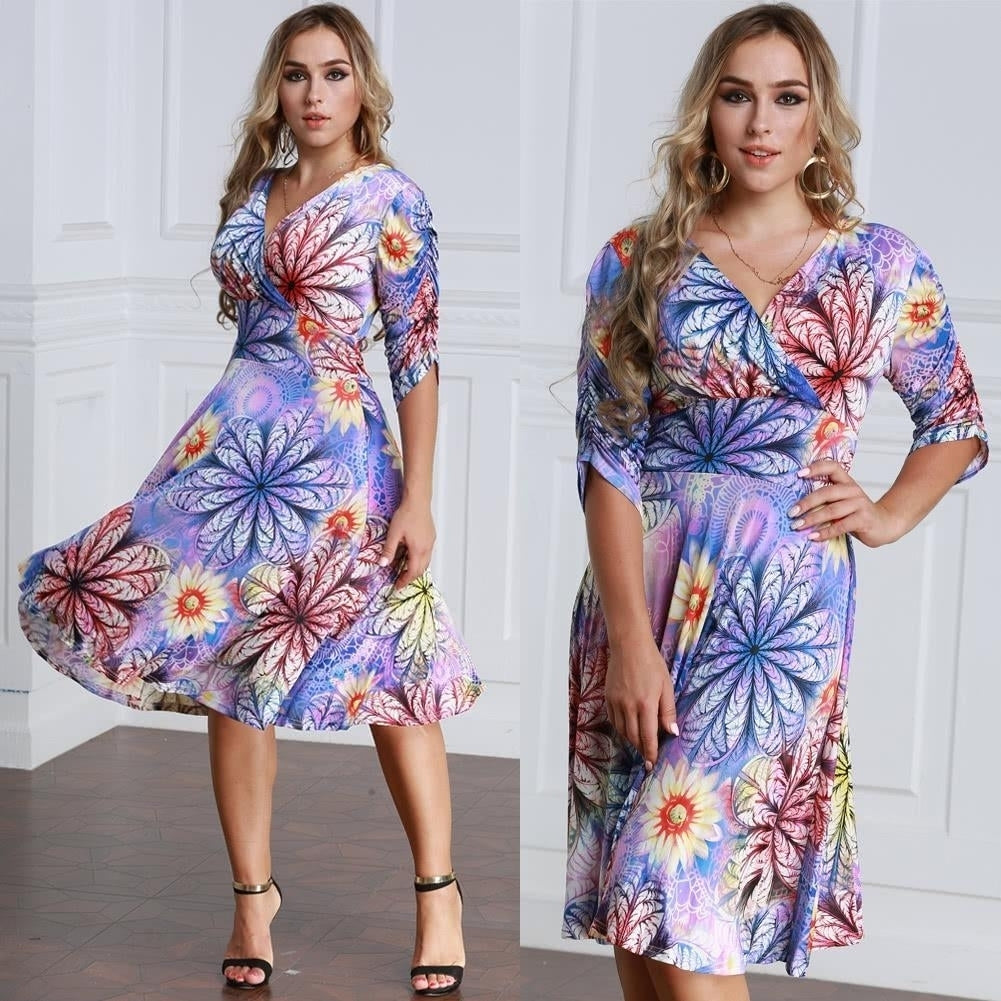 Women Plus Size Dress Colorful Floral Print V Neck Half Sleeve Midi Slim Elegant Image 9