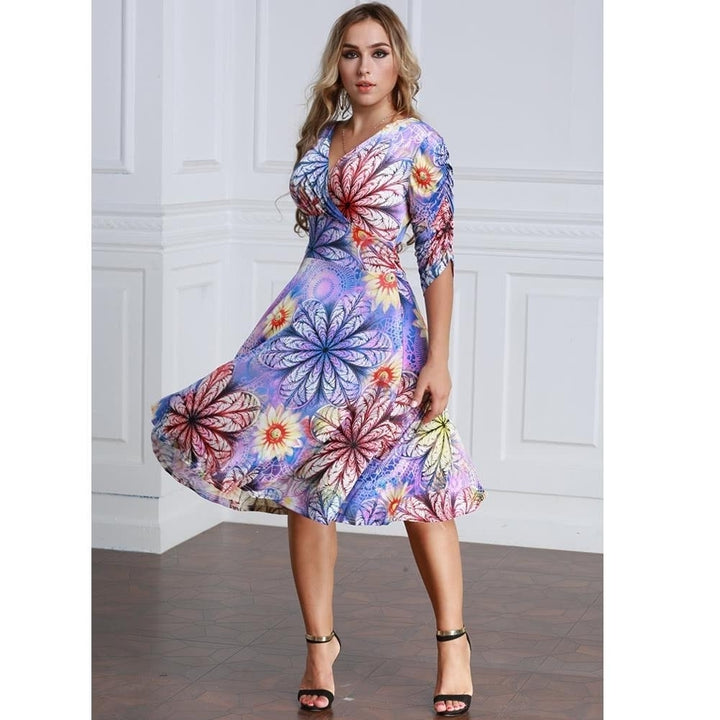 Women Plus Size Dress Colorful Floral Print V Neck Half Sleeve Midi Slim Elegant Image 10