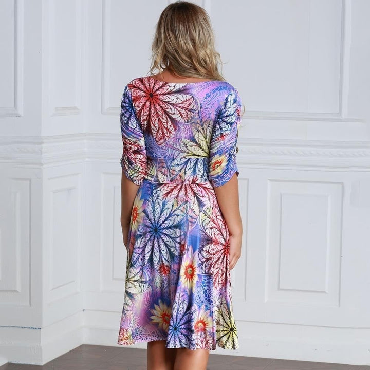 Women Plus Size Dress Colorful Floral Print V Neck Half Sleeve Midi Slim Elegant Image 11